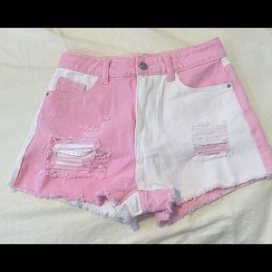 pink and white jean shorts